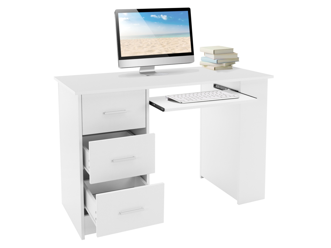 Escritorio Con Tres Cajones Tres Estantes Y Cajón para Teclado 110X49X75 cm Madera Blanca ML-DESIGN