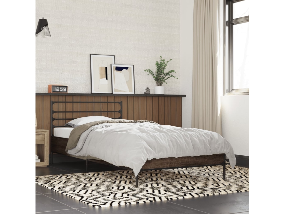 Estructura Cama Madera Ingeniería Metal Marrón Roble 90x190 Cm