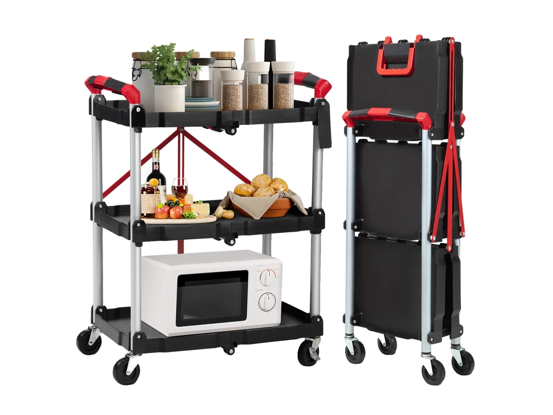 Carro utilitario, diseño plegable, estructura de 3 niveles, OEM negro