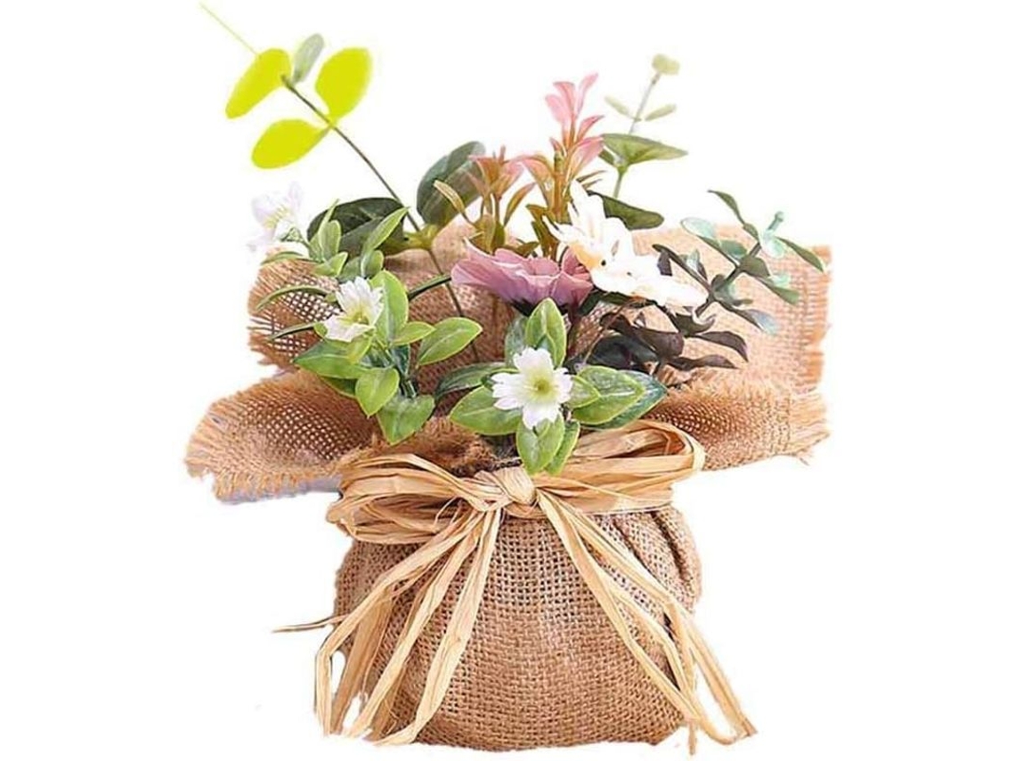 Maceta decorativa artificial con bolsa de lino, ideal para el hogar o el jardín, que simula plantas suculentas.