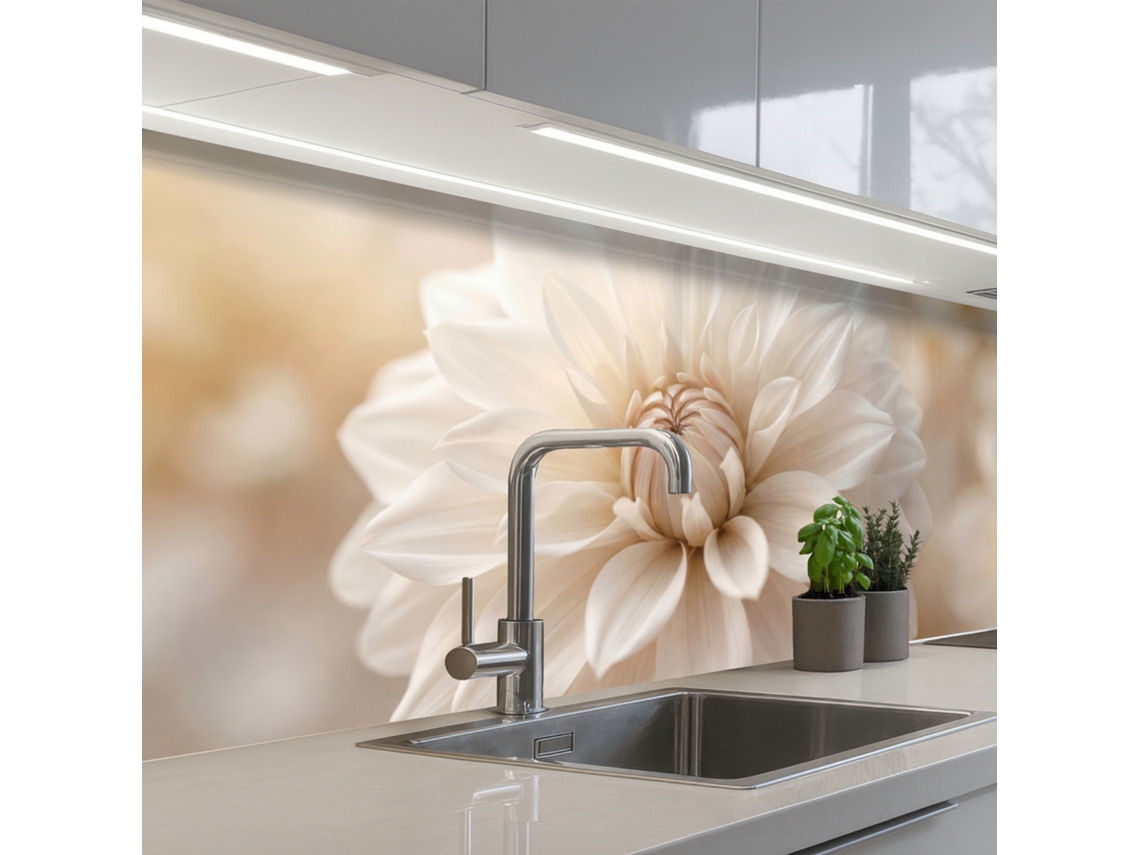 Paneles para salpicadero de cocina con diseño floral de dalia, color blanco, 200x60 cm.