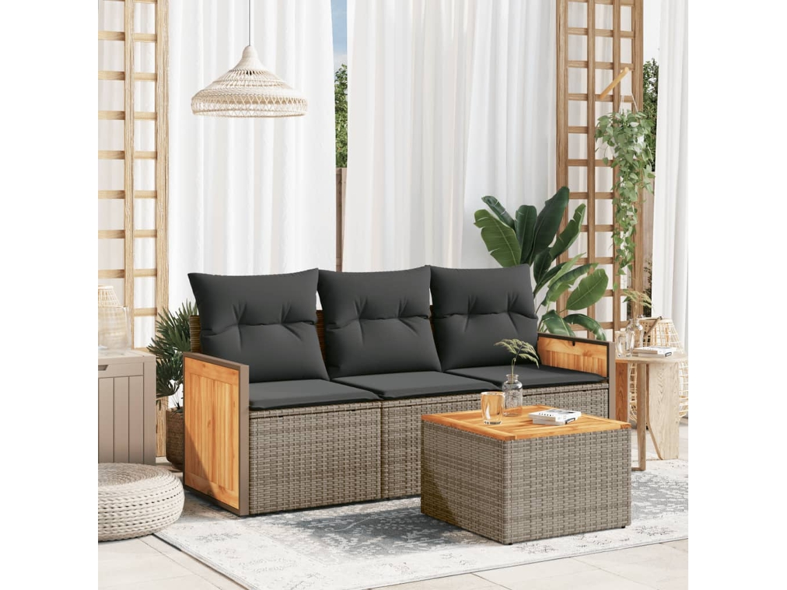 Conjunto de sofá de jardín de 4 piezas con cojines, ratán gris, DKD Home Decor