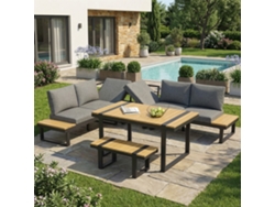 Conjunto de muebles de jardín para 6-7 personas, módulo esquinero con mesa, banco y sofá, 5 niveles ajustables, tablero de plástico imitación madera, gris/negro.