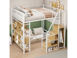 Cama alta multifuncional de 140 x 200 cm con almacenaje, estantes y escalera, color blanco, Mobrio