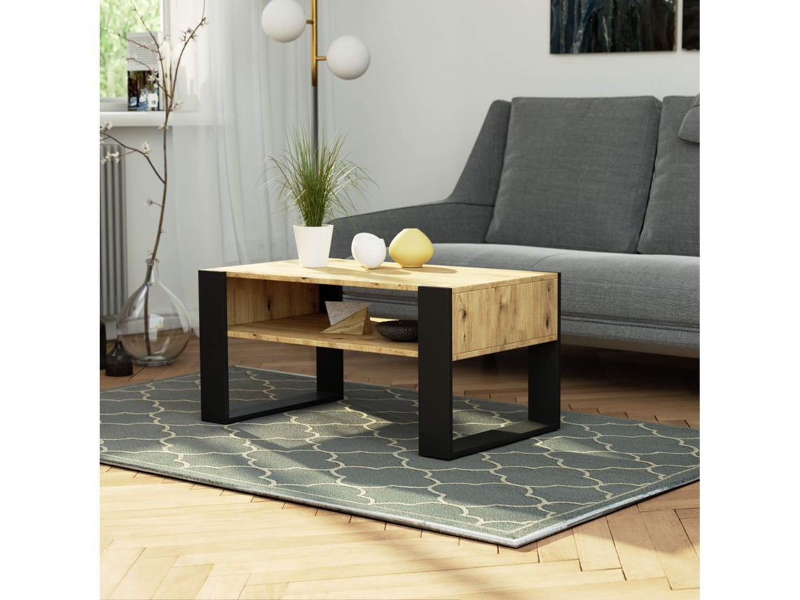 Mesa De Centro Akord Domi Roble Artisan 92 Cm Con Patas En Color Negro 92x53x45 Cm