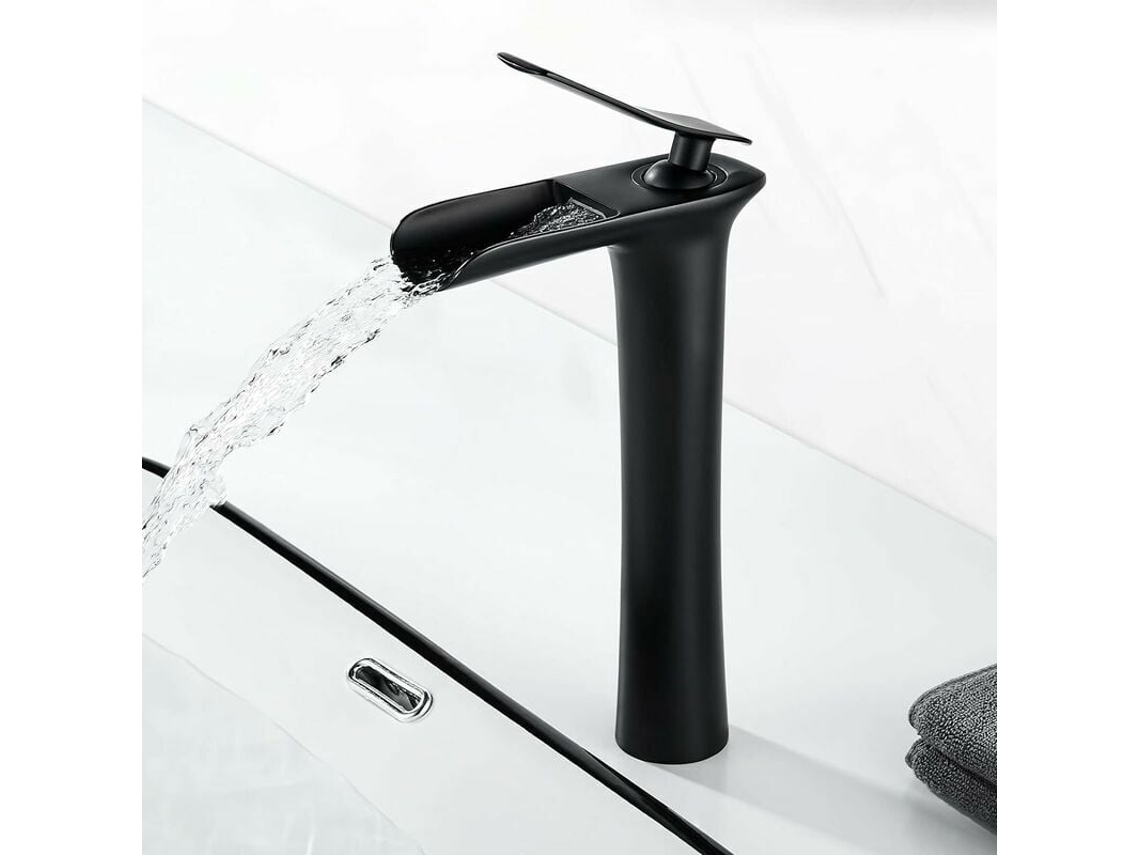 KOFIHETY Grifería de Baño Moderna en Negro Mate con Efecto Cascada, Altura del Pico 235mm, Mezclador de Latón con Entrada G 3/8, Agua Fría y Caliente