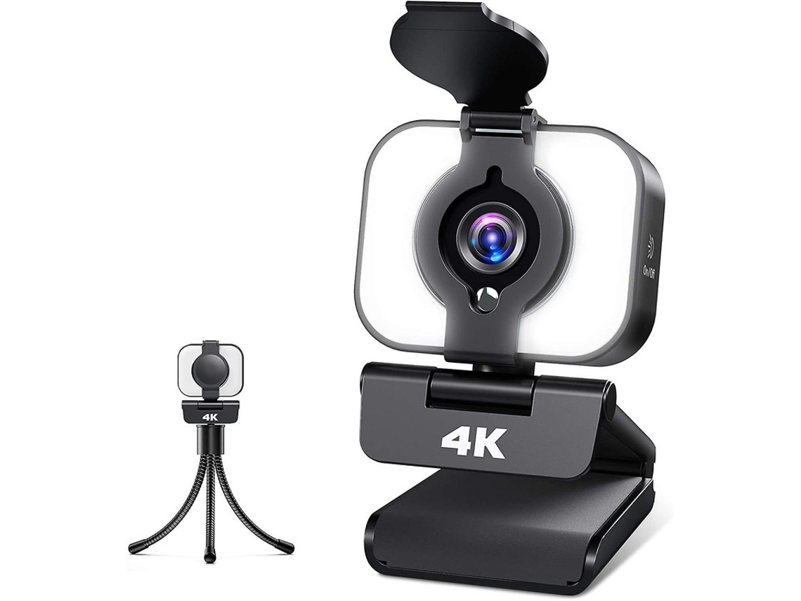 Cámara web 4K con micrófono y trípode, cámara USB Yizhood con cubierta de privacidad y anillo de luz ajustable (negro)