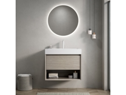 Mueble de baño suspendido de 70 cm con lavabo de resina integrado y cajón, color roble claro.