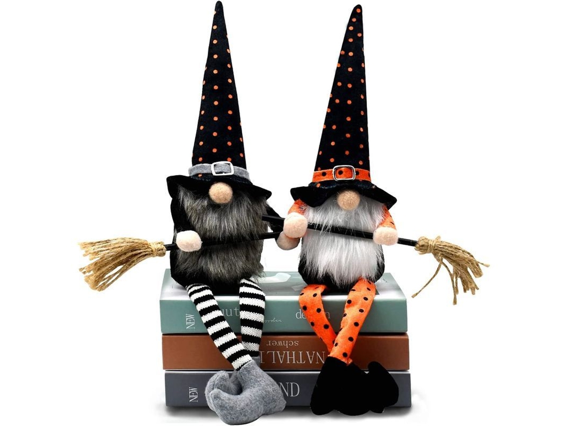 2 Muñecos De Gnomos Bruja Halloween Con Escoba Para Decoración De Bandejas, Tomte Sueco Hecho A Mano