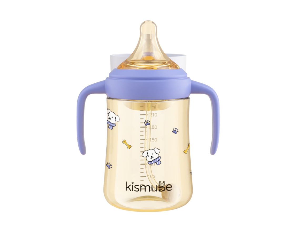 Biberón con tapa abatible, tapa integrada y vaso para beber directamente, para bebés mayores de 6 meses, con pajita y chupete (300 ml).