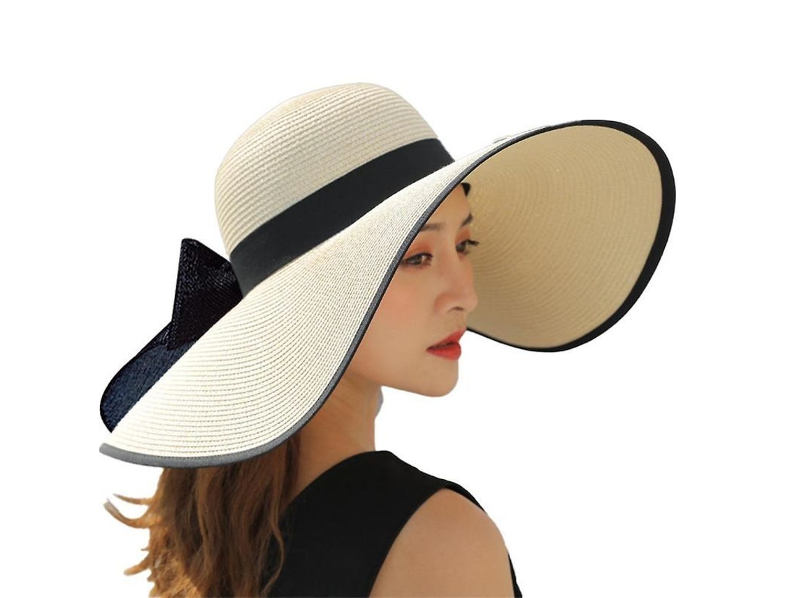Sombrero de paja 2026 con lazo grande, ala ancha, protección UV, moda veraniega para la playa.