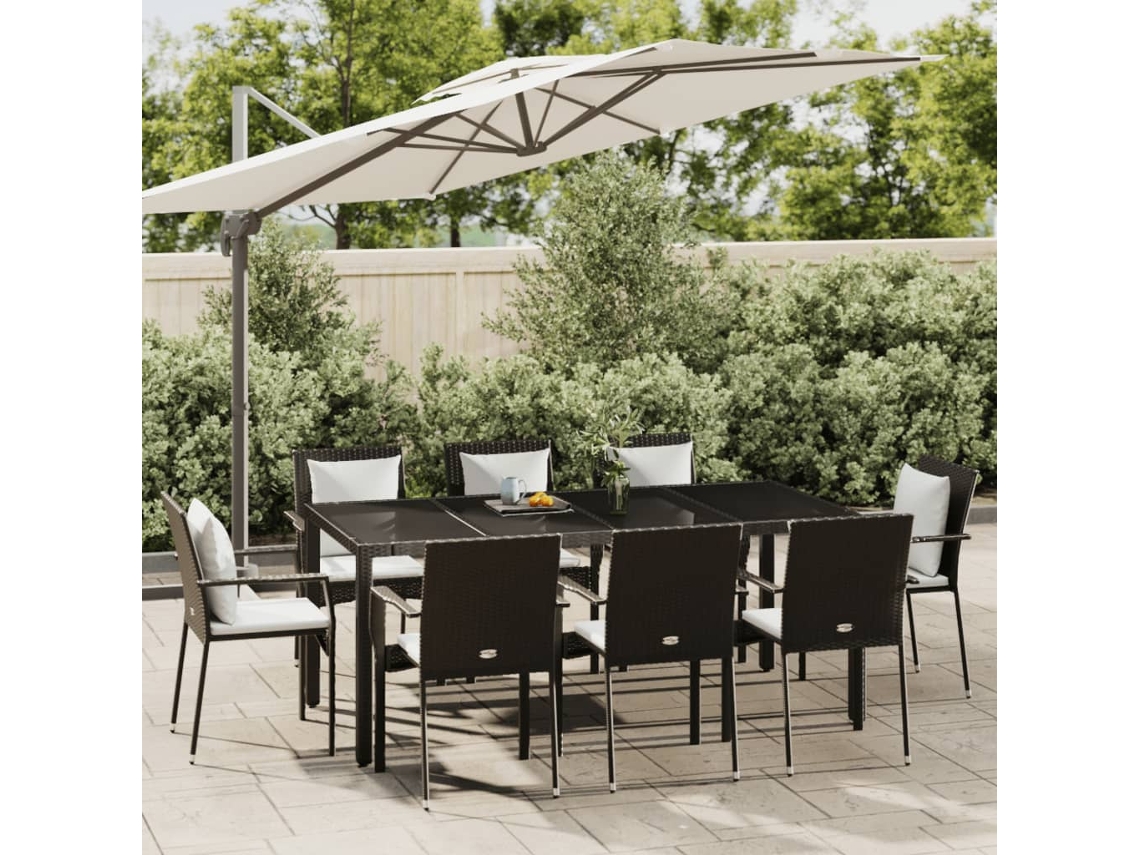 Juego de comedor de jardín de 9 piezas con cojines de mimbre negros de DKD Home Decor