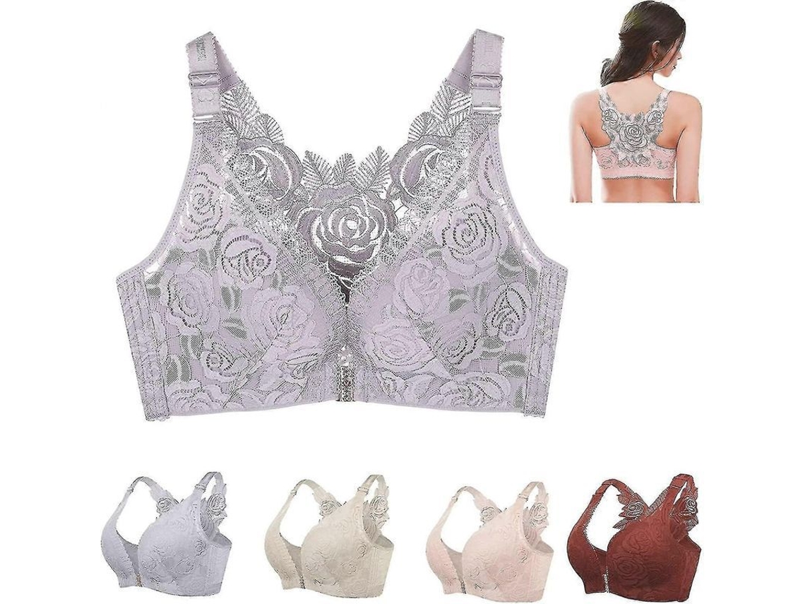 Sujetador Sin Alambre Cierre Frontal Push Up Con Encaje De Rosa Para Mujeres Tallas Grandes Gris Leche 52-120d Gris Leche