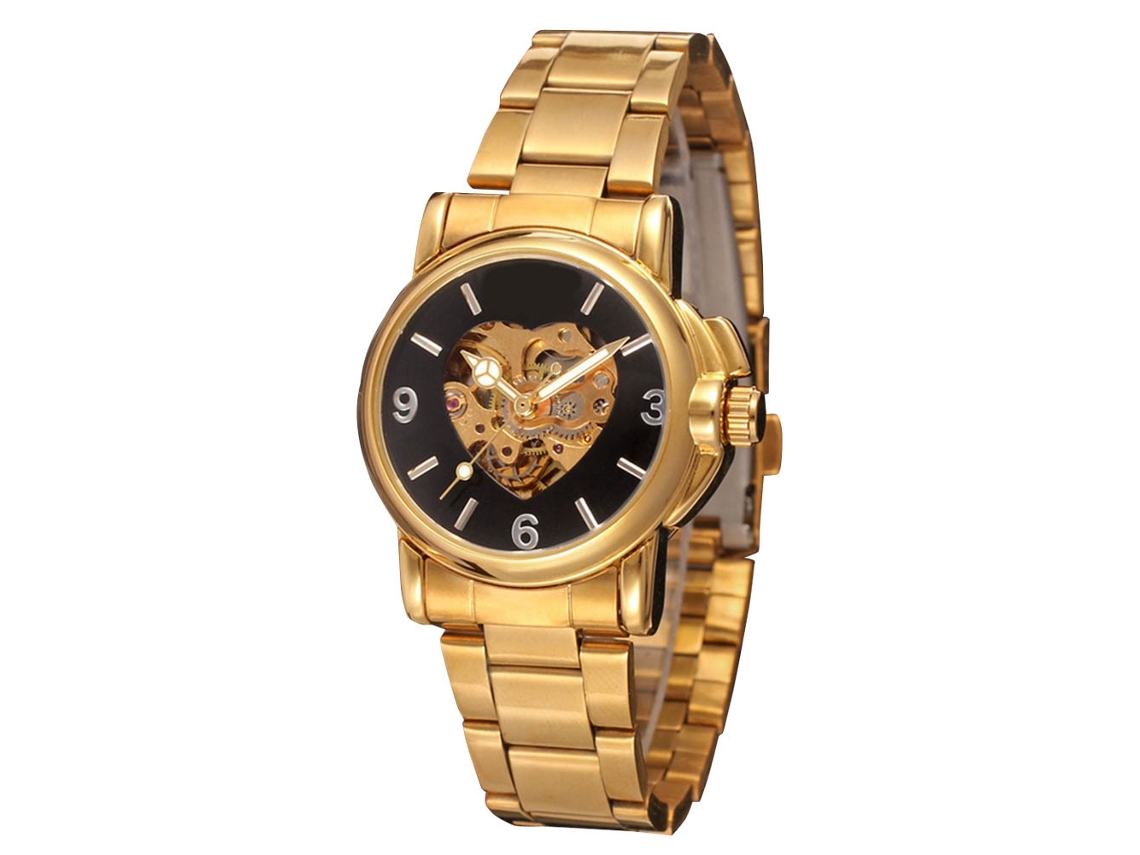 Reloj Hombre Automático De Mecanismo Corazón Hueco Pulsera Acero Negro Oro Resistente Al Agua