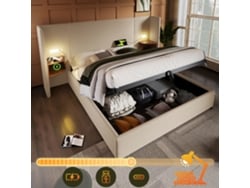 Cama Doble De 160x200 Cm Con Mesitas De Noche, Iluminación Led Usb Y Estructura De Madera Y Metal Color Beige.