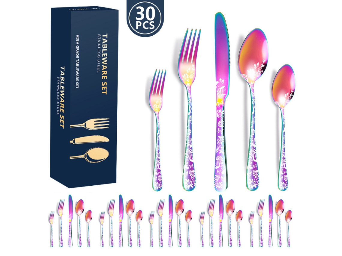 Juego de cubiertos de acero inoxidable, 30 piezas, utensilios de cocina para 6 personas, multicolor.