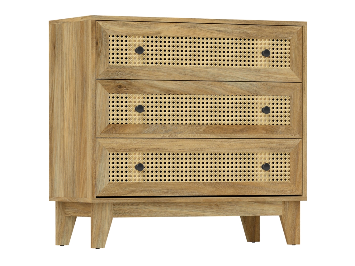 Cómoda de ratán de 3 cajones, madera clara.