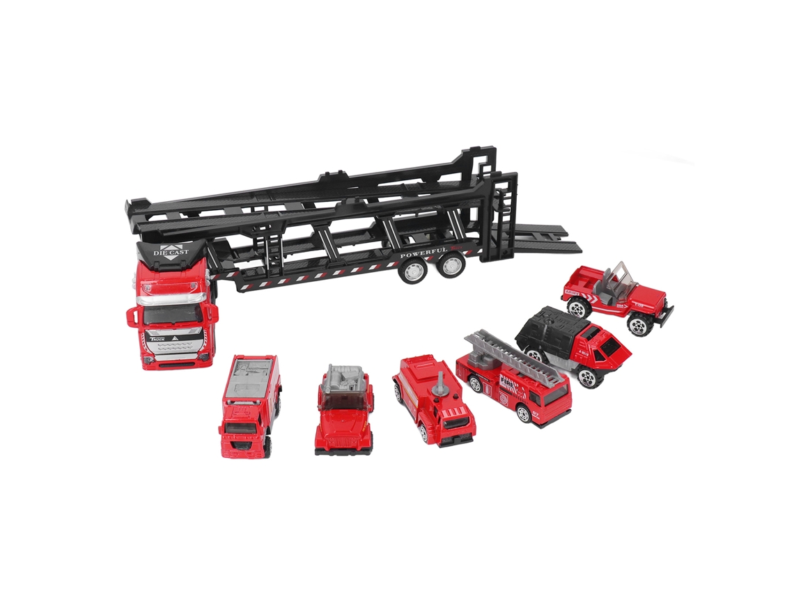Ats-camión Transportador De Coches 32cm Para Niños Con 6 Coches Pequeños, Camión De Bomberos Retrotratsable Separable Para Coleccionar