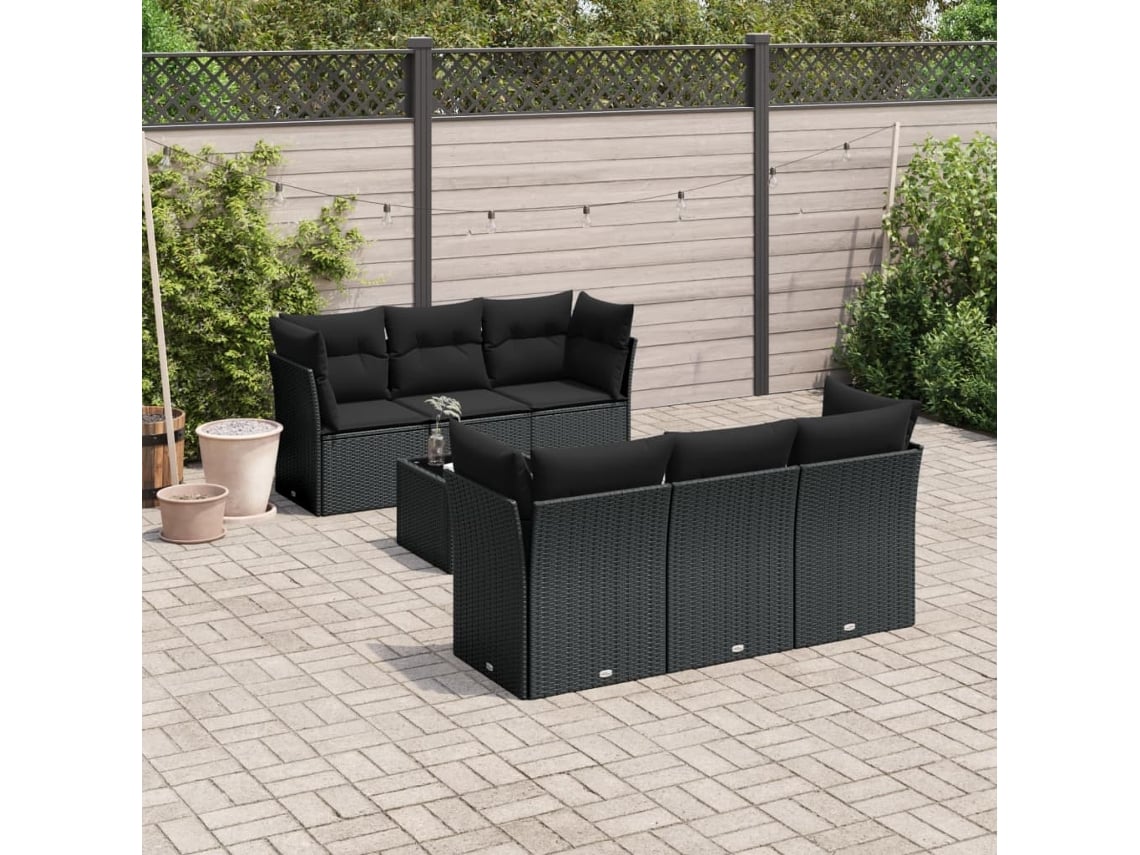 Conjunto de sofá de jardín de 7 piezas con cojines de mimbre negro de DKD Home Decor