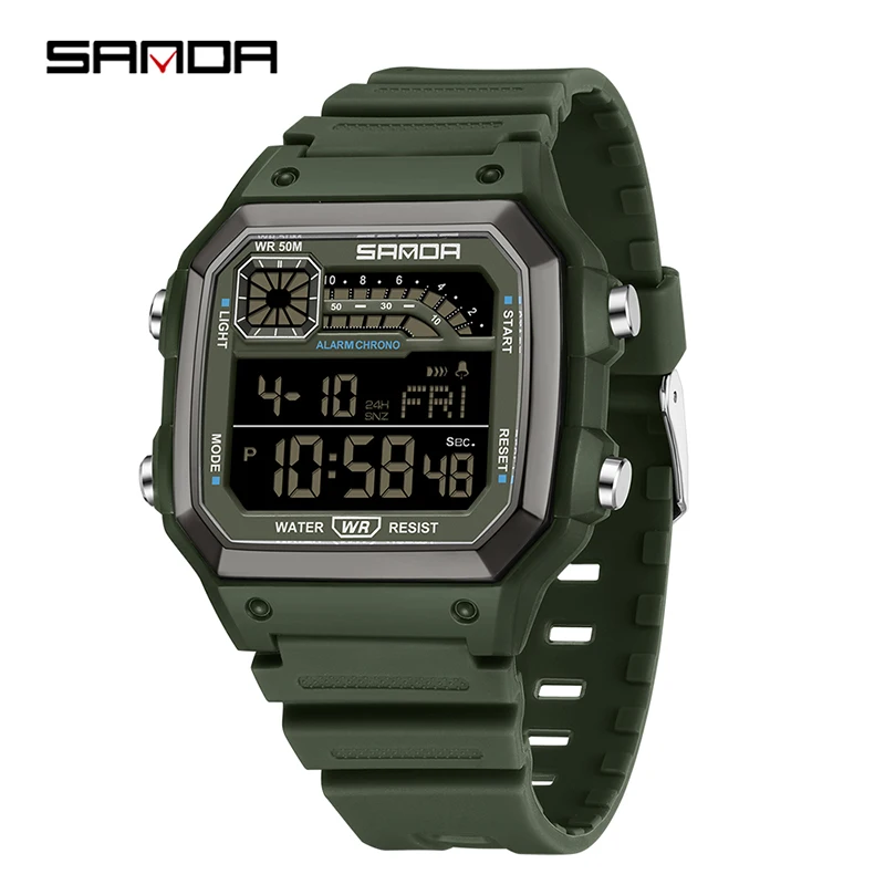 Reloj Electrónico Deportivo Para Exteriores (verde), Despertador, Temporizador, Resistente Al Agua, Led Digital Con Doble Zona Horaria.