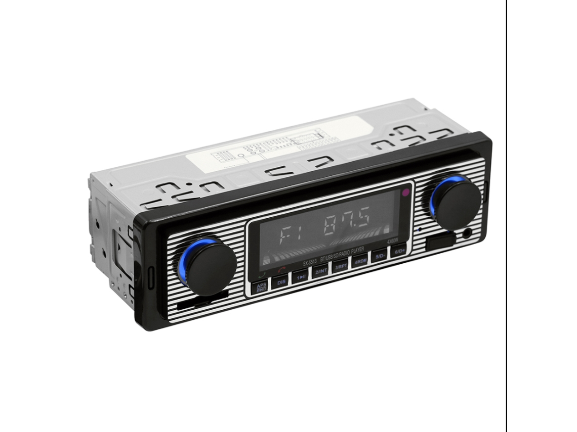 Radio de coche 1DIN con reproductor MP3, receptor AM/FM y transmisor de audio.