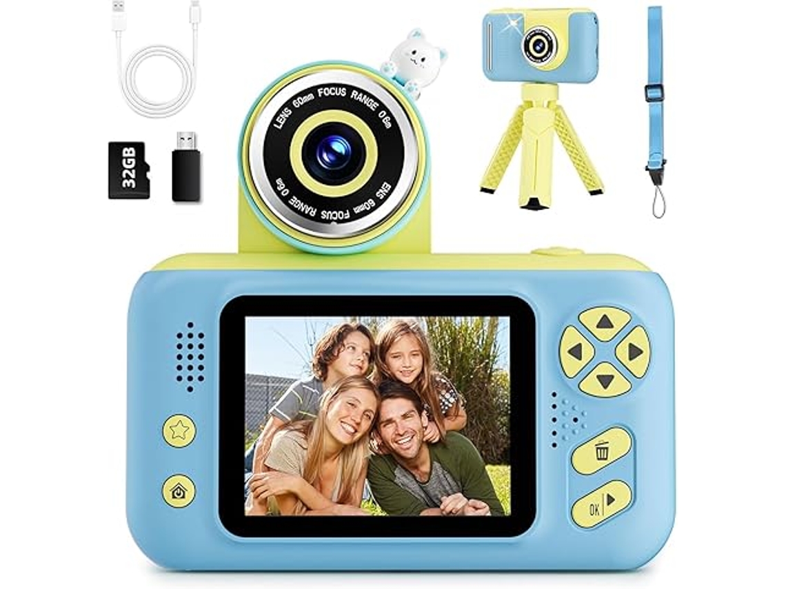 Cámara HD portátil para niños con lector de tarjetas SD de 32 GB y soporte azul Siurn