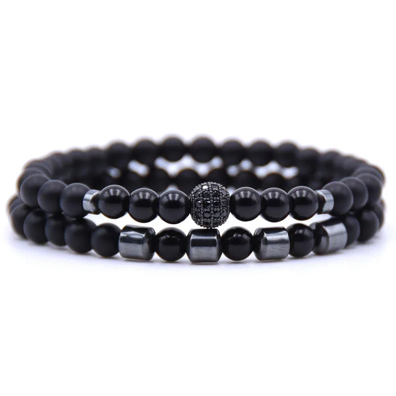 Pulsera Para Hombre Con Cuentas De Circonita Negra Engastadas En Pavé, De 6 Mm De Diámetro, Y Cuentas De Hematita.