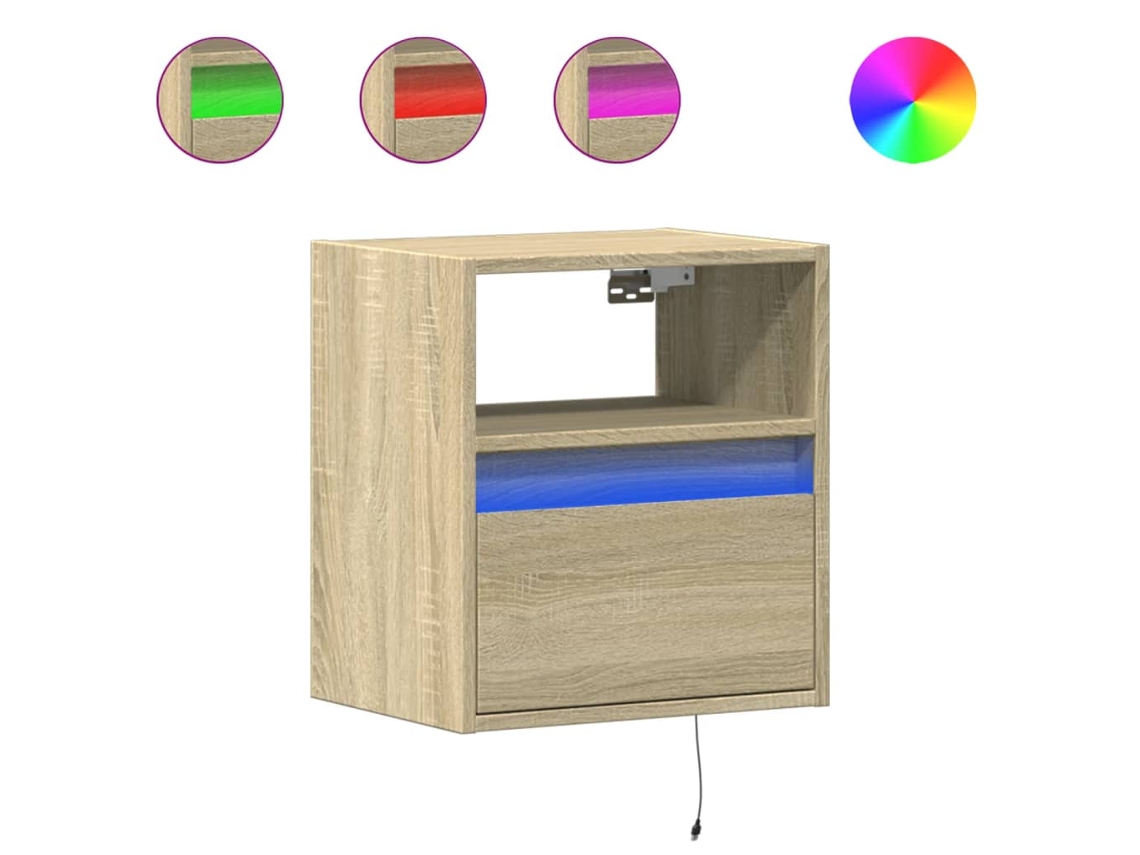 Juego de 2 mesitas de noche de pared con luces LED, roble Sonoma, EXCLUSIVA MAISON