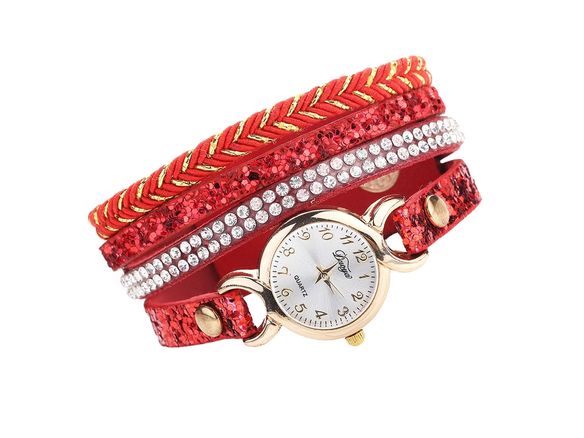 Reloj De Pulsera De Moda Para Mujer En Piel Sintética Con Pedrería Y Correa Tejida, Movimiento De Cuarzo (rojo)