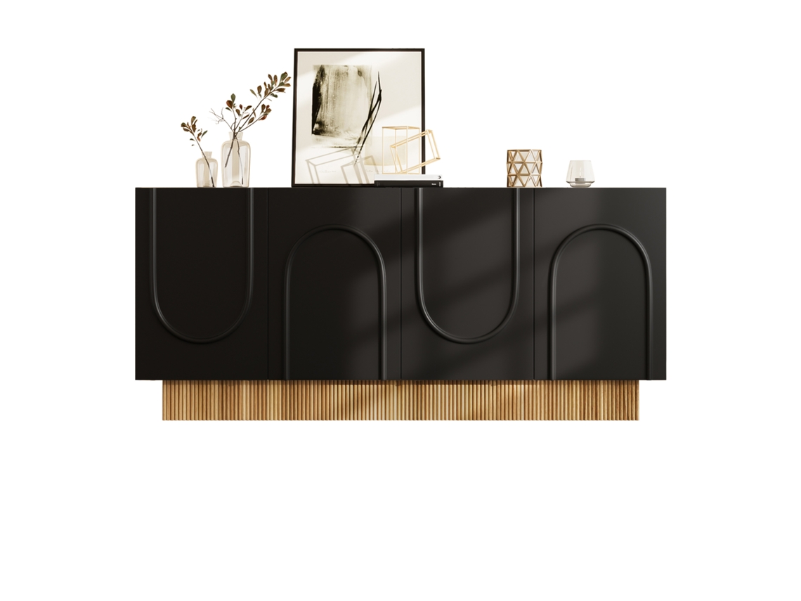 Aparador 160x75x38 4 Puertas, Gran Capacidad de Almacenamiento, Estructura en U Negro/Madera Mobrio