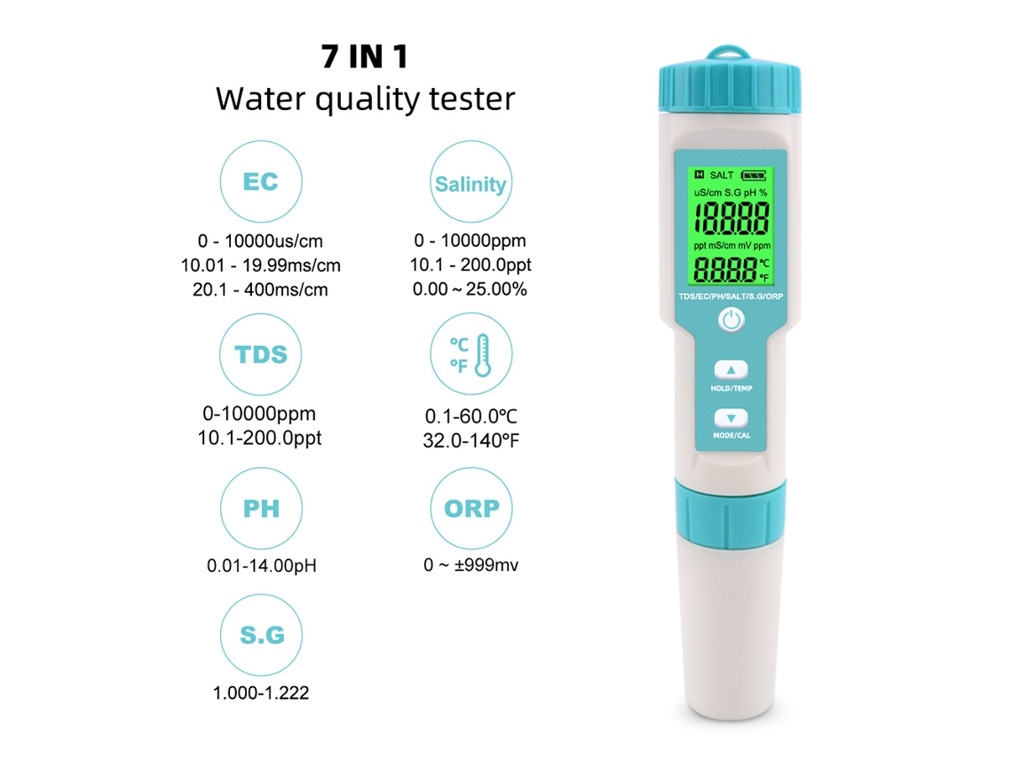 Medidor De Calidad Del Agua 7 En 1: Ph, Tds, Ec, Orp, Salinidad, Temperatura, Para Piscinas, Agua Potable, Acuarios, Con Pantalla Lcd Y Clasificación Ip67.
