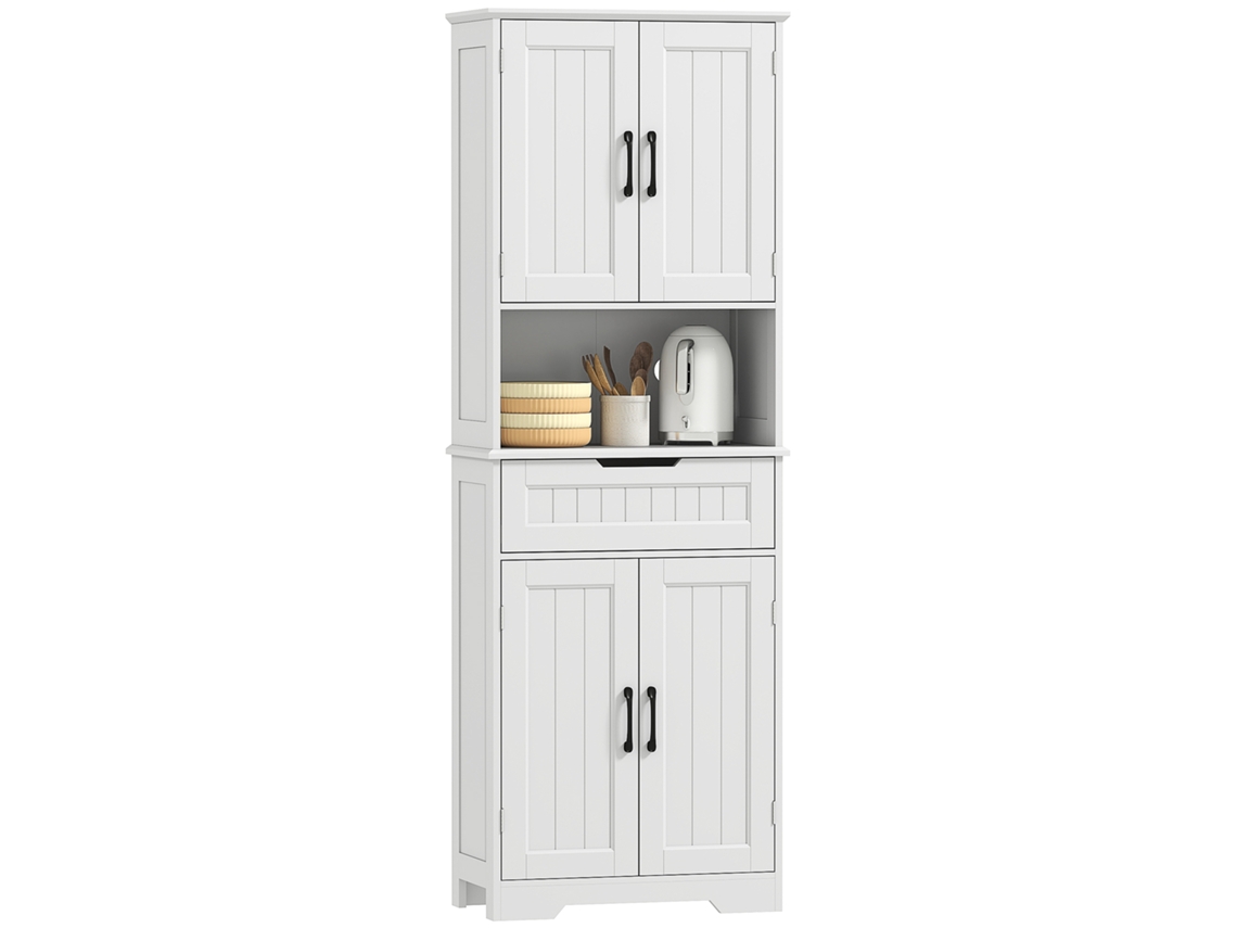 Aparador De Cocina, Mueble De Cocina Con 4 Puertas, Cajón, Compartimento Abierto Y Estantes Ajustables, 60x30x172cm, Blanco