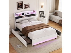 Cama Doble Tapizada 140x200 Beige | Espacio De Almacenamiento, Led, Usb, Somier De Láminas, Cabecero, Terciopelo, Sin Colchón