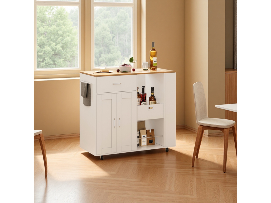 Carrito de cocina con encimera de madera maciza, 102 x 46 x 92 cm, isla de cocina, armario de 2 puertas, blanco Rosahqnda