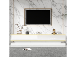 Mueble Tv 200x40x40 Cm - Lowboard Con 3 Cajones - Blanco Cálido Con Borde Dorado