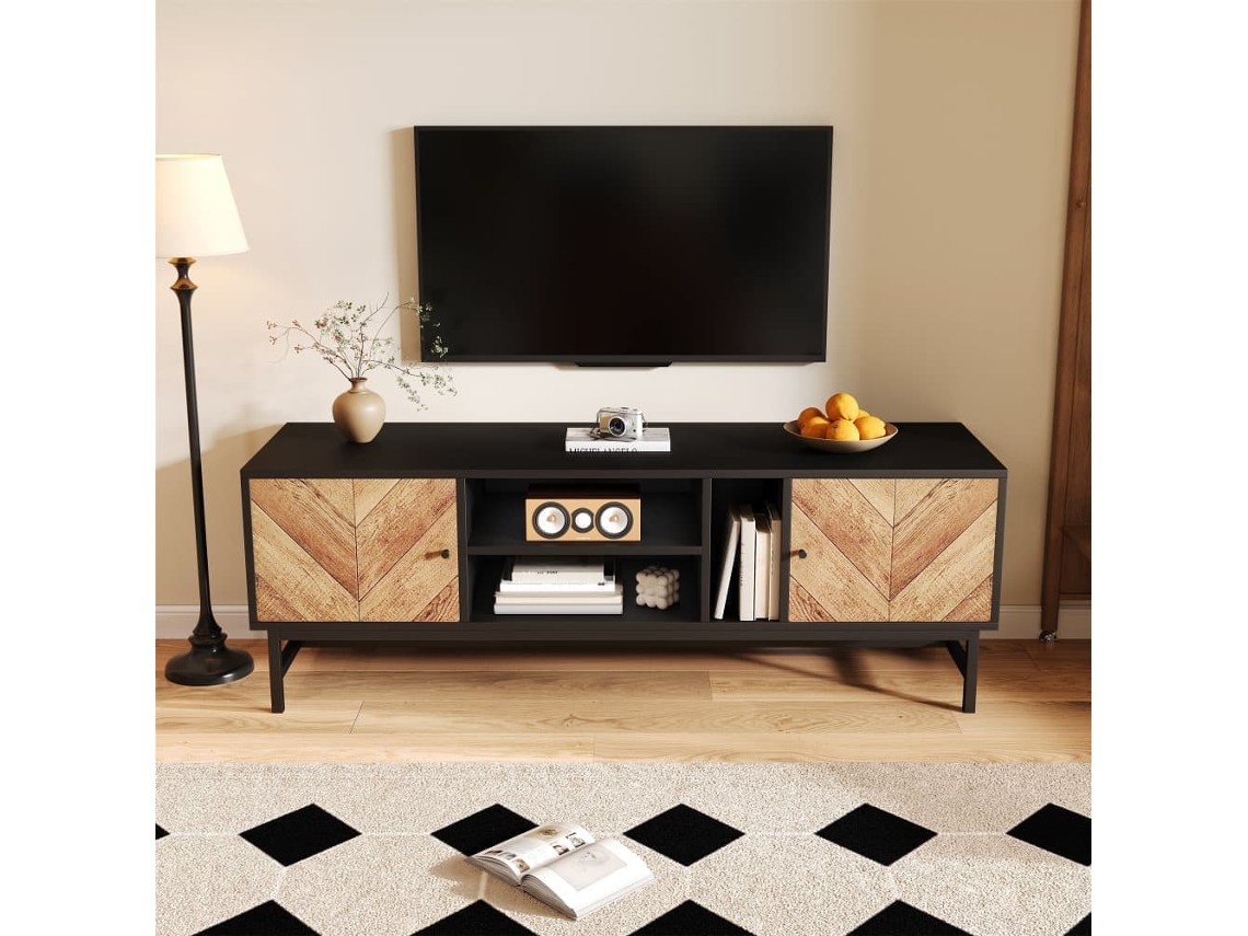 Mueble Tv 150x38x55cm - Con Estantes Y 2 Puertas - Natural + Negro