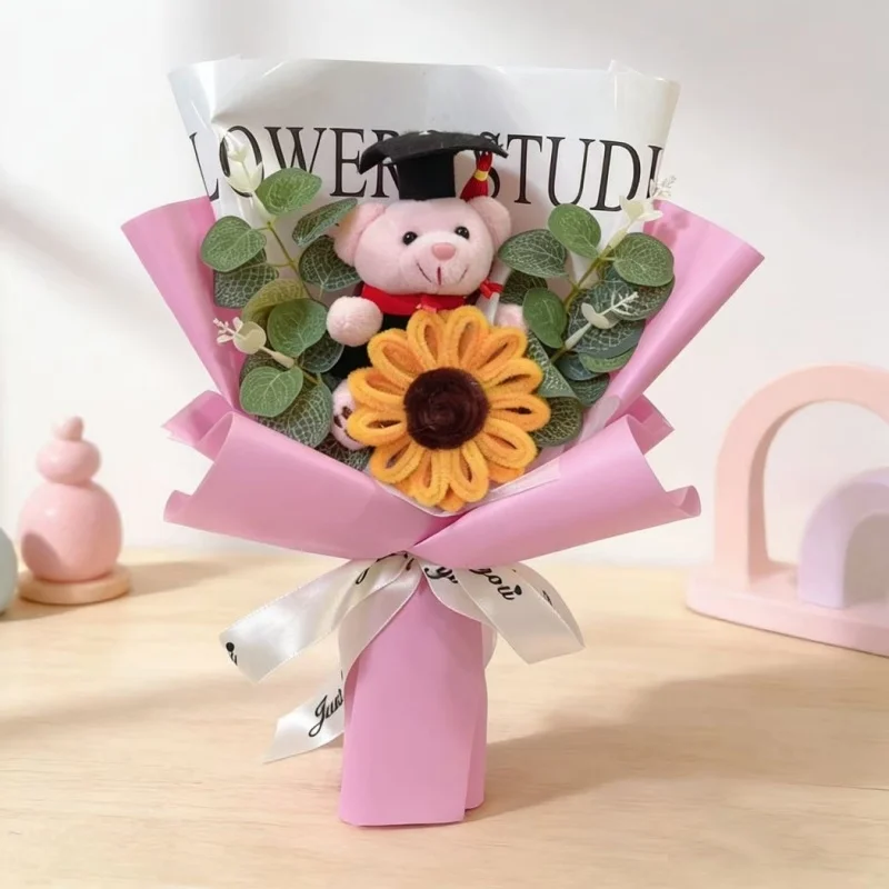(rosa 32cm) Urso De Pelúcia Com Chapéu De Formatura E Buquê Criativo De Girassóis Artificiais Feito À Mão