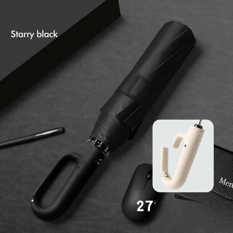 Paraguas De Negocios Plegable Triple Con Hebilla De Anillo, Negro 10k, De 27 Pulgadas, Totalmente Automático.