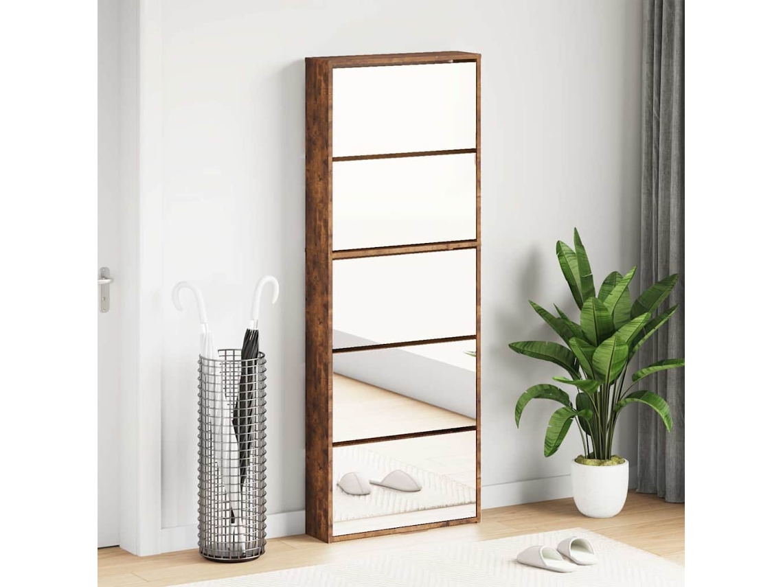 Mueble Zapatero | Armario Zapatero Y Espejo 5 Niveles Roble Ahumado 63x17x169,5 Cm