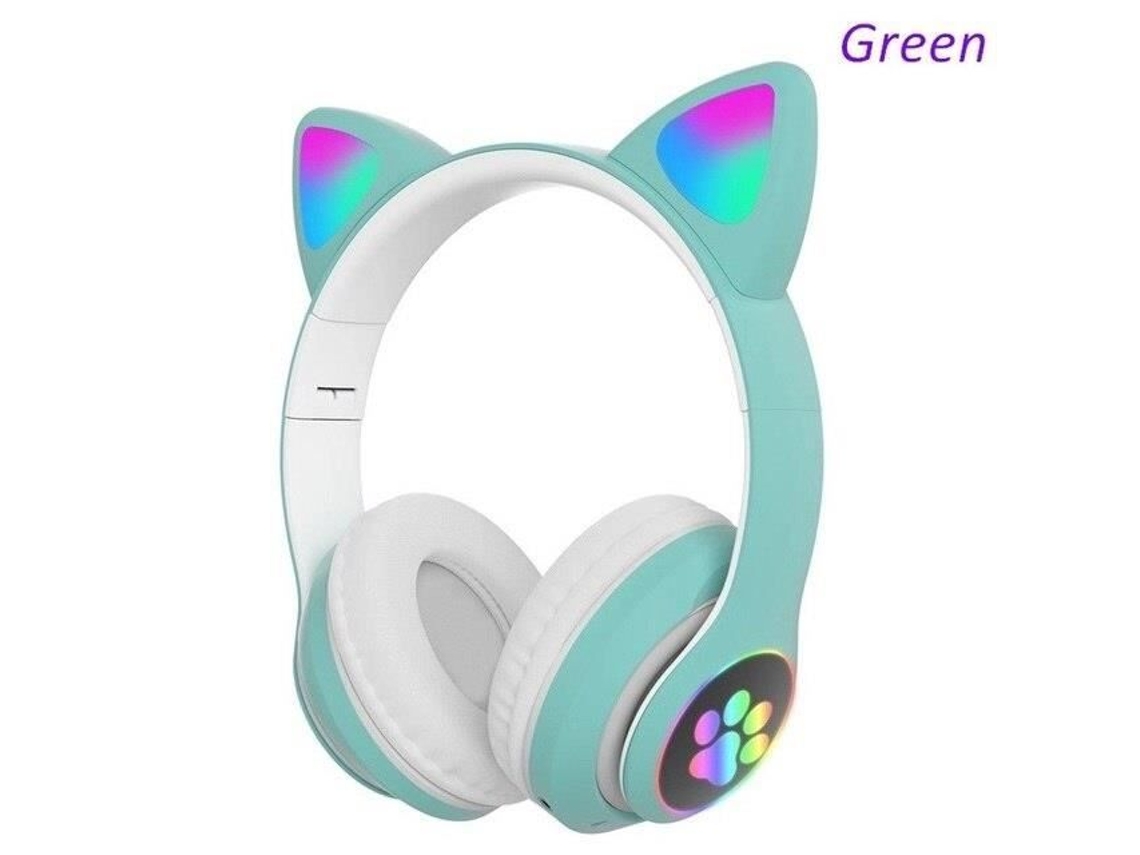 Auriculares Auriculares 028A - Auriculares inalámbricos verdes con linterna Preciosas orejas de gato con micrófono LED para niños y niños