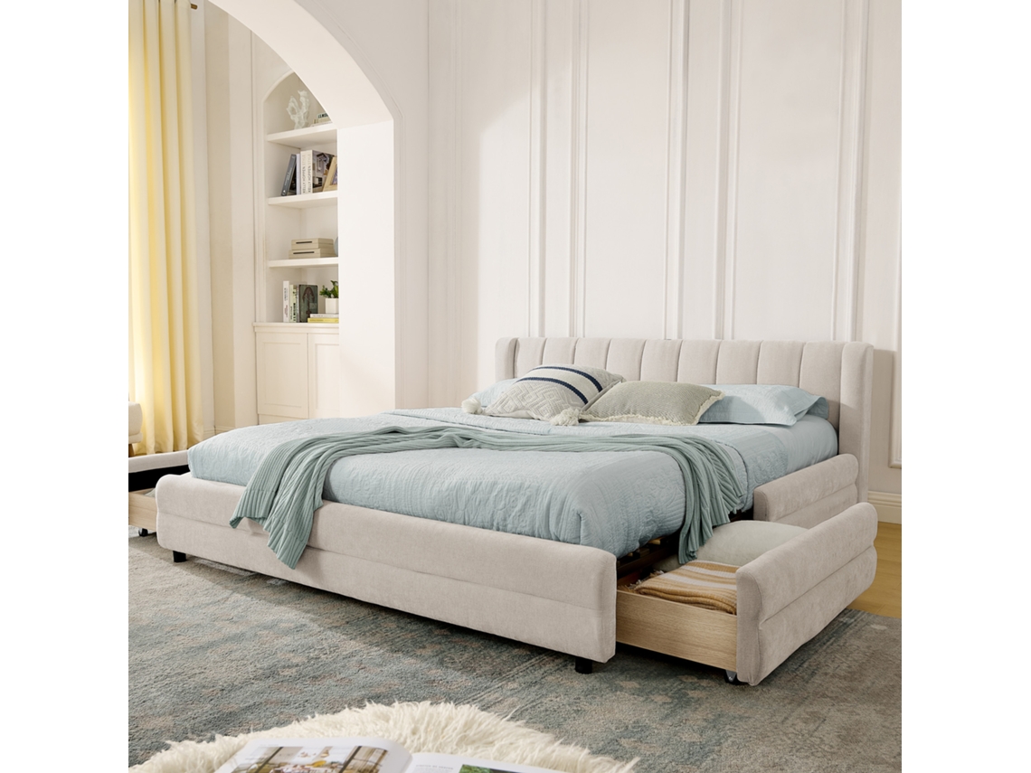 Cama Doble 140x200cm, Chenilla Suave, 4 Cajones Laterales, Puerto Usb/type-c Integrado, Respaldo Ergonómico, Almacenamiento Práctico, Beige