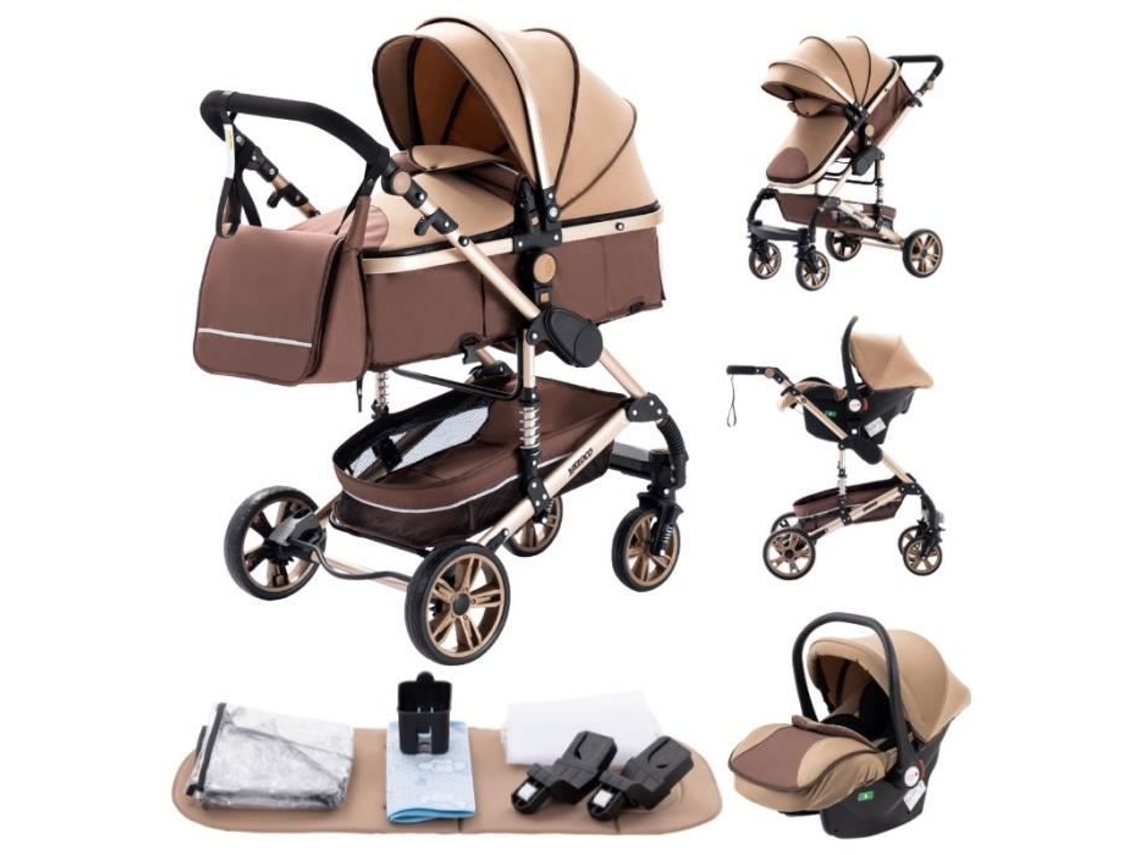 Cochecito de bebé Yazoco 3 en 1 Nacelle Trio con asiento de coche ajustable y reversible, ruedas increíbles de alta calidad en color caqui