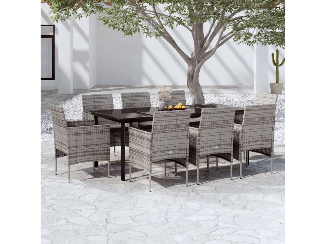 9 Pcs Conjunto De Jantar Para Jardim C/ Almofadões Cinza/Preto Dkd Home Decor