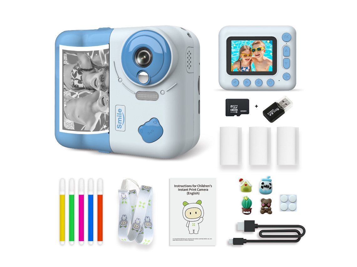 Câmera Digital Infantil 1080P Câmera de Impressão Térmica 32G Azul GERTIZ