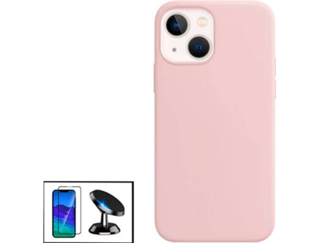 Kit Protector de Cristal Templado 5D Full Cover, Funda Silicona Liquida y Soporte Magnético de Coche Apple iPhone 13 Mini PHONECARE Rosa