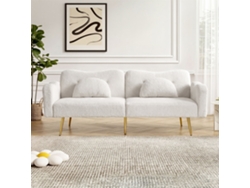 Sofá recto convertible de 2 plazas, respaldo ajustable en 3 posiciones, patas de metal dorado, tejido efecto lana, 175 x 79 x 82 cm, blanco.