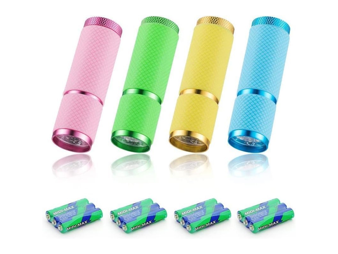 Mini linterna LED, color mango fluorescente, 9 LED, 20 lúmenes, incluye 12 pilas AAA para camping, senderismo y emergencias.