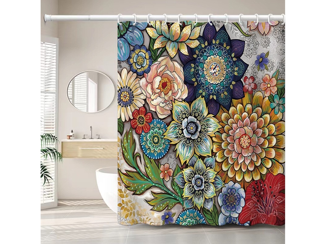 Cortina de ducha de 180 x 200 cm con 12 ganchos, secado rápido, perfecta para duchas (flores)