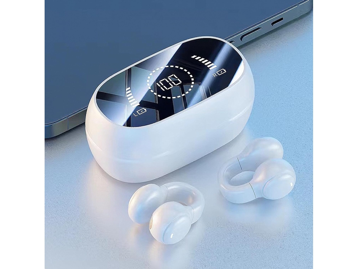 Auriculares inalámbricos con clip JIAPEI, conducción ósea, Bluetooth estéreo HiFi V5.3, cancelación de ruido, color blanco.