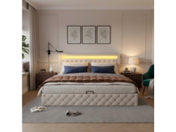 Cama Tapicero 140x190 Cm, Almacenamiento Hidráulico, Iluminación Led Integrada, Somier De Láminas, Acabado Pu Blanco